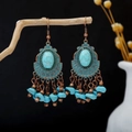 Bohemian bronze owl drop earrings with turquoise stones and beaded fringe tassels - Crushed Stone Tassel Bronze Style (E2605-3)