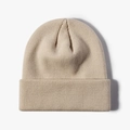 Beige ribbed knit beanie with folded cuff, soft elastic winter hat for men and women - Withered Yellow