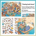DIY isometric sea sushi shop stickers set with PET material and scenery card for journaling - Sea Sushi House