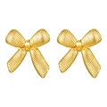 Detail of gold bow earrings featuring a textured striped surface and polished metallic finish - Gold Striped Bow Stud Earrings (MS-523)