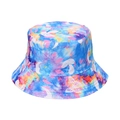 Detail showing tie-dye pattern with white butterfly and mushroom prints on fisherman hat - Blue Purple Yellow Tie-Dye Mushroom Butterfly (E)