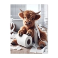 Funny Scottish Highland cow baby playing with toilet paper canvas art bathroom wall decor - 01 Cow Playing with Paper