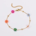 Vintage style gold beaded bracelet featuring five colorful flower pendants and lobster clasp - Multicolor Bracelet