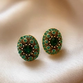 Vintage style oval stud earrings with green rhinestones on gold base over silk background - Antique Gold Oval (5# Silver Earring Post) / Antique Gold-Green