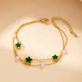 Double-layer gold stainless steel bracelet with green star gems and white pearls - Pearl Green Zircon