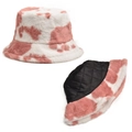 Cappello bucket in ecopelliccia muccata rosa e bianca con calda fodera trapuntata - Taglia unica / Rosa