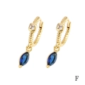 Detail view of 18K gold plated hoop earring with marquise cut blue zircon stone - Blue Marquise (ER1139)