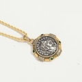 Vintage gold and silver coin pendant necklace with green gemstone on a twisted chain - Green Zircon