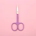 Sharp stainless steel beauty scissors with ergonomic purple handles on a soft pink backdrop - Pointed Tip Beauty Scissors / Purple