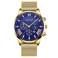 Golden mesh strap men's watch with navy blue sunray dial and three sub-dials - Blue Dial Gold Hands Gold Band