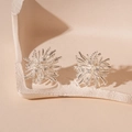 Macro shot of silver fireworks earrings with tiny zircons on a beige textured stone base - Radiant Starburst Style / Silver Firework Ear Studs (HE24768)