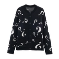 Women's black knit cardigan with white question mark jacquard pattern and buttons - S / Black and White Question Mark Jacquard