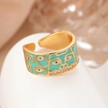 Adjustable 18K gold plated wide ring with turquoise enamel evil eye and zircons - Adjustable Open / 10115-Turquoise