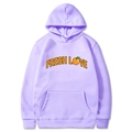 Purple hoodie with front kangaroo pocket and FRESH LOVE orange print on white background - Lavender