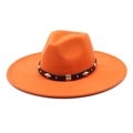 Detailed macro view of orange wool fedora featuring a black studded leather band decoration - M (56-58cm) / Orange