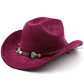 Close-up of wine red suede jazz fedora featuring colorful beaded band and ethnic stones - Burgundy