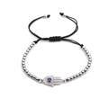 Detail of silver Hamsa Hand charm bracelet with blue stone on black braided cord - Silver Beaded Black Rope (CB0086YH)