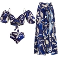 Three-piece floral bikini set with puff sleeve top, high waist bottom and matching sarong - S / 3-Piece Set (Top+Bottom+Skirt)