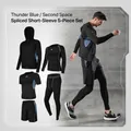 Men's 5-piece black compression sports suit set with thunder blue splice detailing - S / Top And Bottom (Slim Patchwork) / Blue