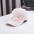 Detail of floral lace baseball cap with 3D chiffon flowers and pearl embroidery - One Size / Khaki