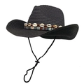 Men's black straw Panama hat with bohemian shell band and adjustable wind cord - M (56-58cm) / Black