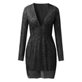 Elegant black deep V-neck sequined long sleeve mini dress with a shimmering finish - S / Black
