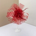 Elegant red bridal fascinator with mesh flower, polka dot veil and long feathers - Red
