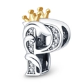 Silver bead charm letter P with gold crown and sparkling cubic zirconia stones - Letter P