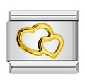 Italian charm bracelet link in silver steel with a raised golden interlocking heart design - Gold Interlocked Hearts-Y590