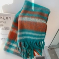 Thick mohair checkered scarf with teal and orange plaid pattern and long tassels - Lime Orange