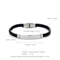 Men's multi-layer black braided leather bracelet with silver stainless steel curved plate - Black & Silver (W-12-3)