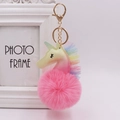 Close-up of rainbow unicorn glitter keychain with pink pompom and gold hardware - Unicorn (Gold Chain Buckle) / Watermelon red