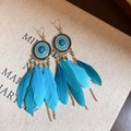 Macro detail of bohemian blue feather earrings with gold chains and enamel beads - 6# Hook Gold-Blue