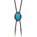 Close-up of vintage bolo tie with blue turquoise stone and floral bronze alloy carving - Bronze