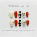 Handmade wine red press-on nails with diamond hearts and checkered patterns - Extra Small (XS)
