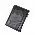 Slim black lychee leather card holder with three card slots and a silver zipper pocket - Black
