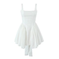 Detail of white square neck mini dress featuring a bow tie back and flared puff hemline - S / White