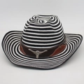 Western straw cowboy hat with black and white stripes and silver longhorn bull emblem - One Size(56-58cm) / Black White Striped (Bull Head + Rope)