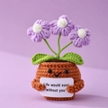 Detail of crochet potted plant with purple flowers and motivational quote card - Positive Potted-Puff Flower Purple