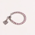 Close-up of pink zircon tennis bracelet with heart pendant and adjustable sliding clasp - Adjustable Open / Pink Zircon - Platinum Silver
