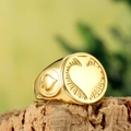 Vintage gold heart signet ring for men with side spade engraving on rustic wood bark - US 7 / All Gold