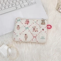 Close-up of a white quilted cosmetic bag with pink zipper and cute cartoon bear pattern - Lace Pastry