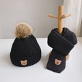 Kids black knit hat and scarf set with fluffy yellow pom pom and cute bear patches - Bear Label Set / Black