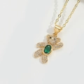 Golden bear pendant necklace with green oval stone and sparkling white cubic zirconia pavé - Green