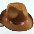 Detail of brown felt fedora hat featuring a smooth satin ribbon and suede texture - One Size 58cm / Coffee