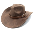 Dettaglio di cappello cowboy marrone con fascia in pelle e fibbia metallica incisa - M(56-58cm) / A Righe Cachi