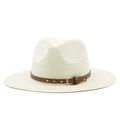 Beige fedora straw hat with brown leather band and metal buckle detailing - Cream