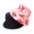 Dual-sided cotton bucket hat featuring solid black and tie-dye pink butterfly patterns - Red Pink Butterfly Print