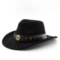 Classic black faux suede cowboy hat with vintage ethnic leather band and metal buckle - M (56-58cm) / Black