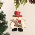 Plüsch-Schneemann-Anhänger mit Feliz Navidad Schild an einem Weihnachtsbaumzweig - Schneemann mit Schild